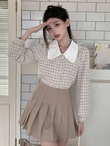 Dazy Star 女士撞色领泡泡袖衬衫、长袖上衣、秋装格子