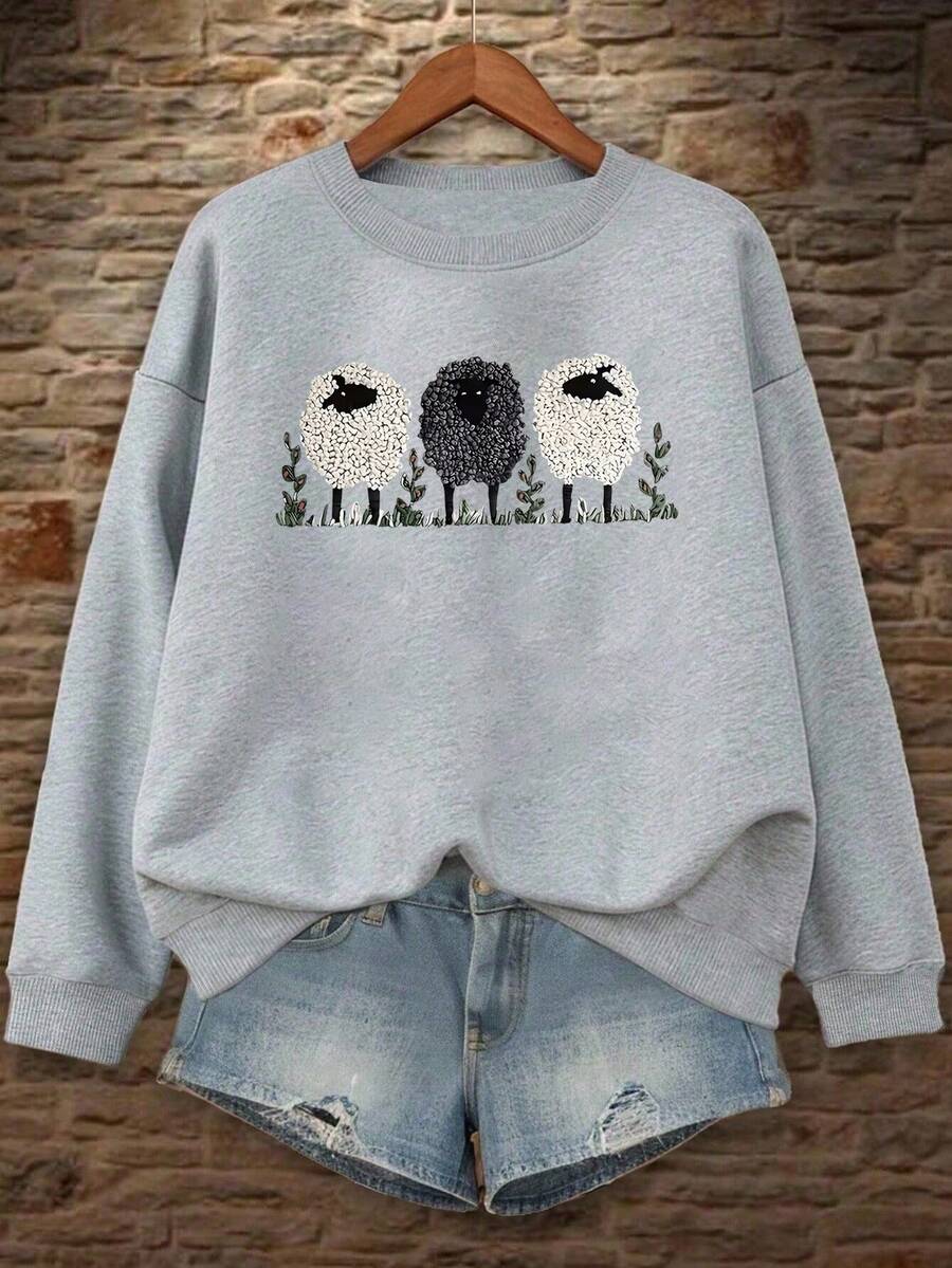 Plus Lamb Pattern Round Neck Sweatshirt, Autumn And Winter Casual Long-Sleeved Sweatshirt, Suitable For Autumn And Winter Graduation,Back To School,Teacher Pullover Fall