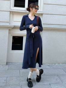 K-Vae Women's Solid Color Turndown Collar Long Sleeve Button Half Placket Waist Tie Casual Dress Navy Blue Dress Women - Navy Blue - View 2