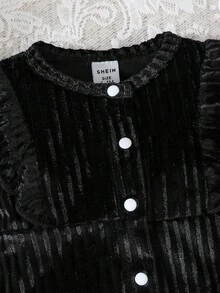 SHEIN 女婴针织罗纹抓绒连体衣 + 时尚帽子，秋冬季 - 黑色 - 查看 3