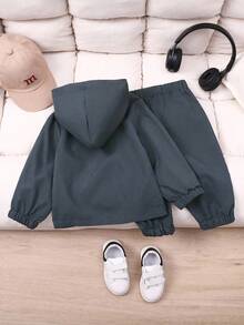 SHEIN Playful Pals 2pcs Baby Boys' Hooded Sweatshirt And Long Pants Set, Autumn - Dark Grey - View 2