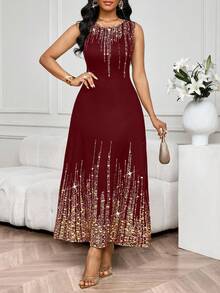 SHEIN Lady 女士优雅圆领无袖连衣裙，夏季 - 酒紅色 - 查看 4