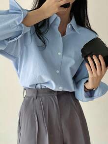 DAZY Women's Plain And Simple Long Sleeve Daily Shirt,Long Sleeve Tops,Fall Clothes - Blue - View 7
