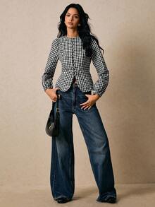 Poéselle Women's Plaid Round Neck Puff Sleeve Single-Breasted Casual Shirt - Black and White - View 5