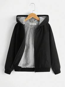 SHEIN Teen Boys' Basic Wear Plush Lining Jacket Casual Comfortable Versatile Thermal Lined Hooded Padded Winter Coat Suitable For Home, Commute, School, Daily Casual, Travel, Outdoor, Party Fall Autumn And Winter