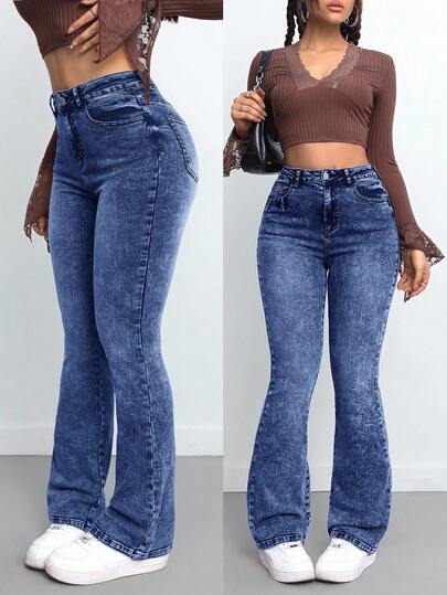 SHEIN Tall Pantalones vaqueros de mujer informales de tiro alto con pierna acampanada, pantalones elásticos negros acampanados, leggings de mezclilla negros para mujeres altas, pantalones de mujer, jeggings, atuendo para Año Nuevo, leggings navideños, pantalones para mujeres altas