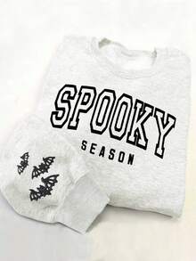 INAWLY Plus Size Halloween Puff Sleeve Sweatshirt, Horror Season Round Neck Sweatshirt, Women Round Neck Bubble Print Halloween Pattern Sweatshirt - Light Grey - View 3