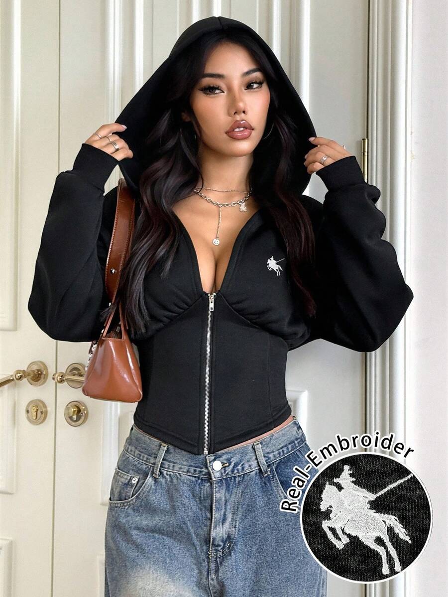 SHEIN EZwear 女士休闲简约刺绣Logo卫衣,适合秋冬季节,拉链款 - 黑色 - 查看 1