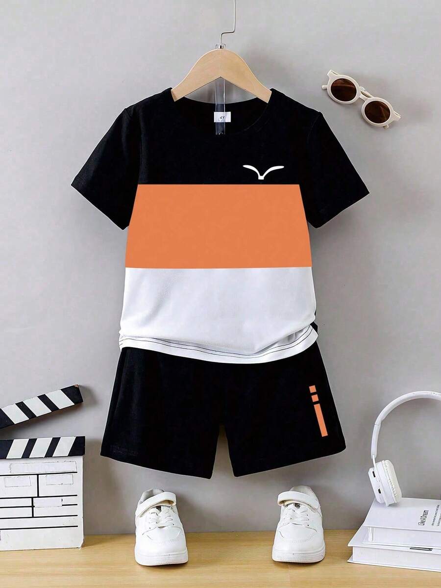 SHEIN 2件套 男童海鸥印花短袖T恤和短裤套装 男童两件套 男童套装 男童西装套装 男童套装 女童套装 夏季 - 彩色 - 查看 1