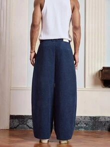 SWAVVY Men's Solid Color Pleated Pocket Wide Leg Loose Casual Corduroy Long Pants, Fall Winter