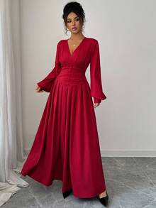 Elenzga Deep V-Neck Design Ruched Waist Elegant Dress, Christmas - Red - View 5