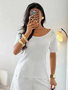 DAZY Women's Embroidered Fitted Breathable Backless Short Sleeve Knit Top - White - View 3