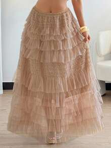 DAZY Women's Elegant Long Tulle Cake Skirt - Pink - View 4
