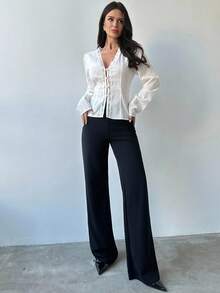 Firerie Women's Elegant Off-White Autumn Dinner Date Lace Patchwork V-Neck Long Sleeve Button Front Cotton Blend Fitted Shirt,Daily Casual Commute Office Wear - White - View 2