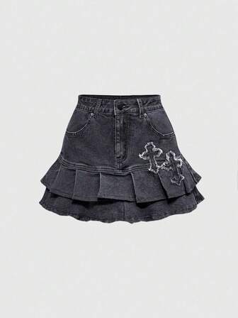 Grunge Punk Y2K Retro Music Festival Vacation Cross Embroidered Frayed Hem Black Denim A-Line Skirt For Women