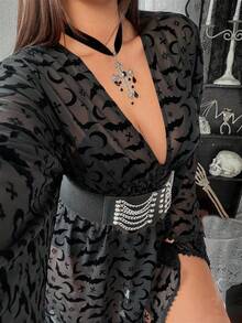 Whyspr Grunge Punk Halloween Y2K Dark Gothic Style Bat Cross Flocked Print Sexy Mini Skirt Dress, Long Sleeve Punk Abby Culture Sheer Overlay Dress For Women - Black - View 8