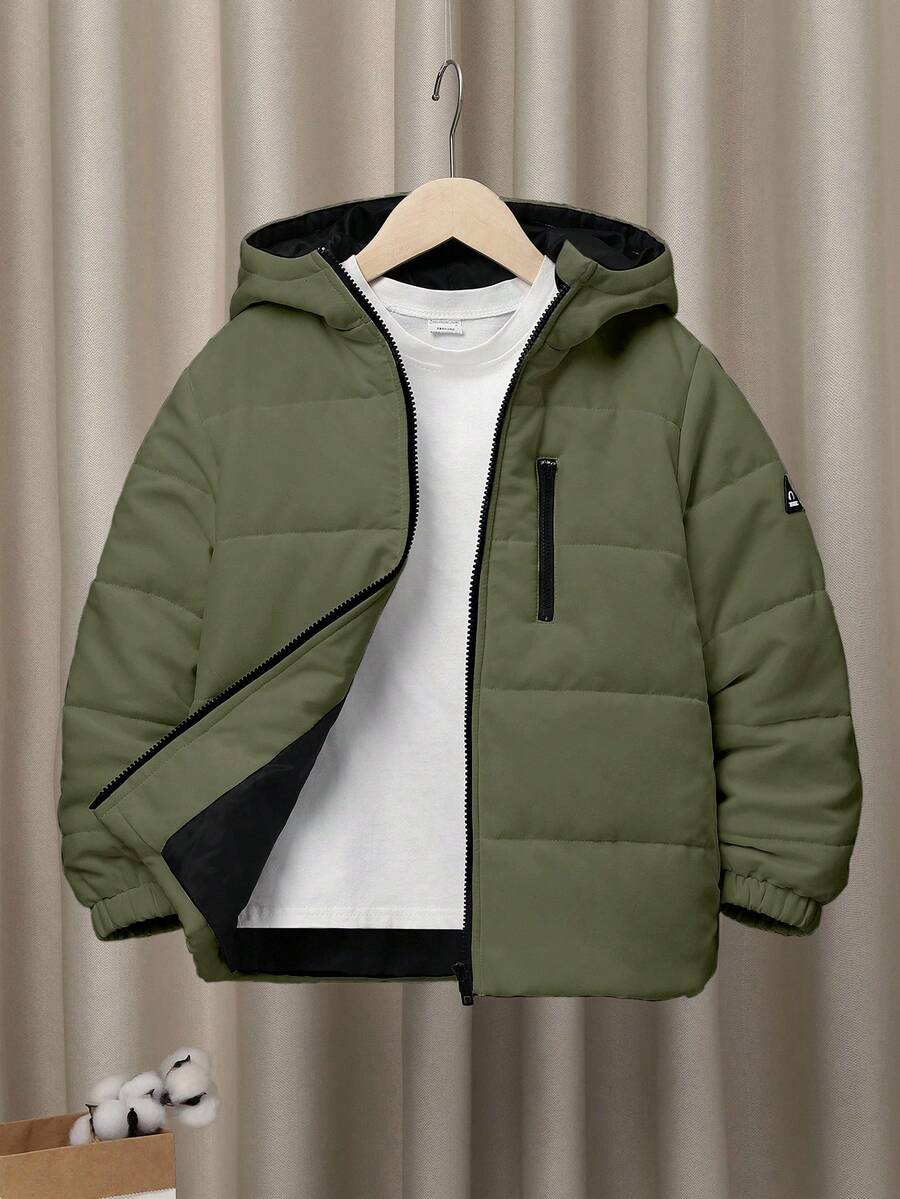 SHEIN Young Boys Casual Thick Hooded Jacket, Comfortable For School, Commute, Leisure, Street Style, Party & Outdoor Play, Autumn/Winter Fall - Army Green - View 1
