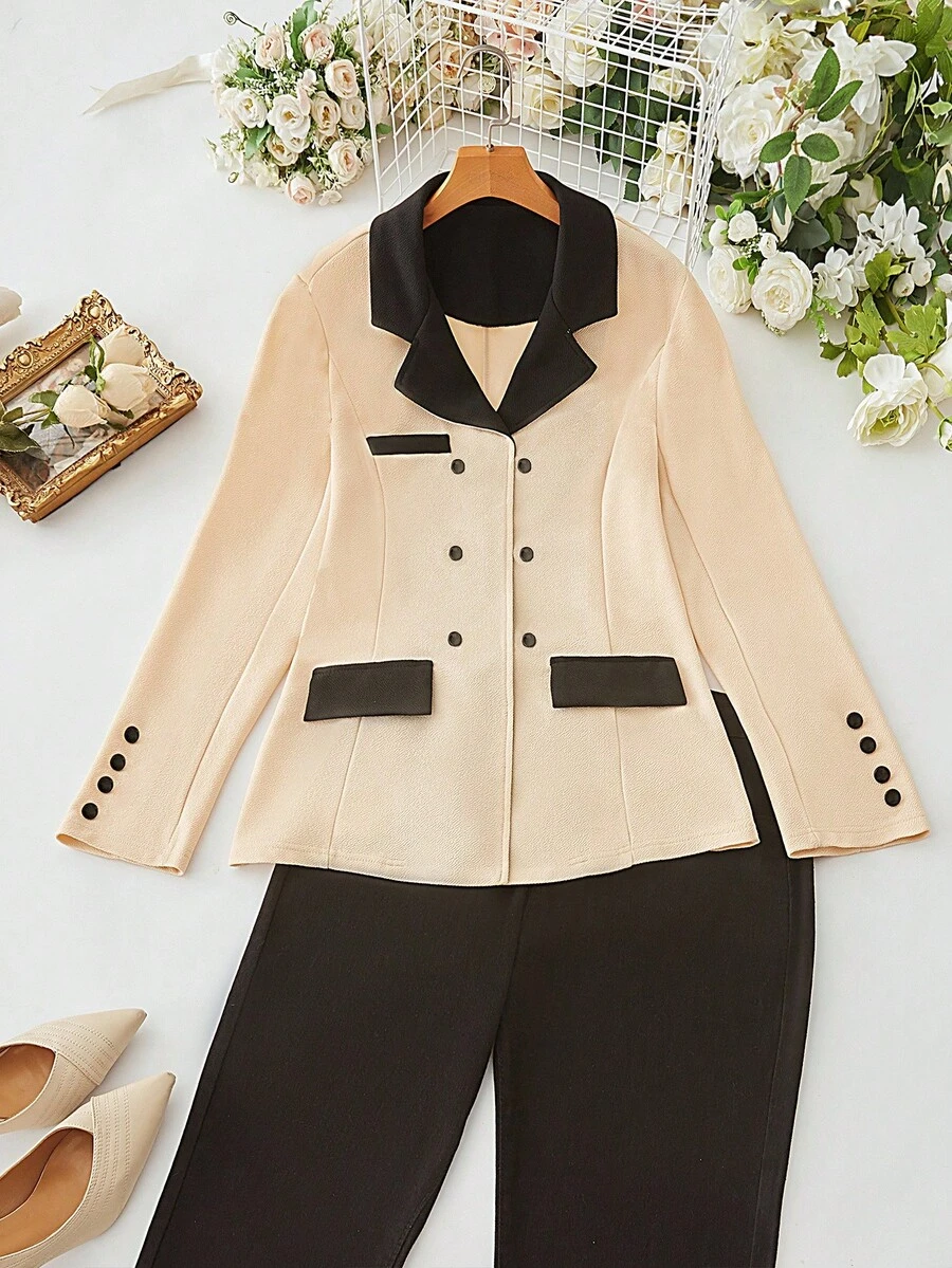 SHEIN Clasi Women Contrast Color Lapel Long Sleeve Blazer Fall Cloth For Women - Apricot - View 1