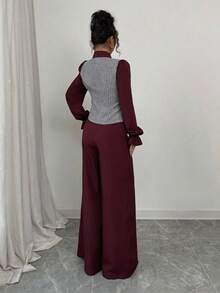 Rafferiza 女士优雅前扣拼接长袖夹克和纯色阔腿裤两件套 - 酒紅色 - 查看 2
