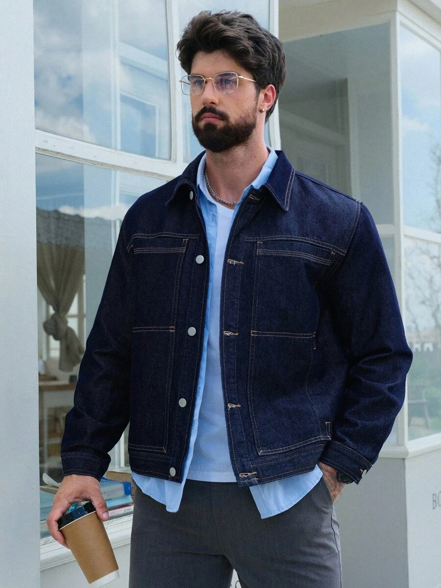 DAZY 男士纯蓝色水洗蓝牛仔短夹克，秋季 - 藍色 - 查看 1