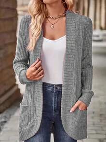 EMERY ROSE Women's Casual Ribbed Brushed Open Front Side Pocket Shorts Thin Jacket - Light Grey - View 3