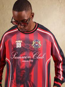 SUMWON 复古俱乐部运动衫条纹常规版型圆领经典套头衫，胸前有文字图案，秋冬休闲街头服饰 - 紅色 - 查看 7