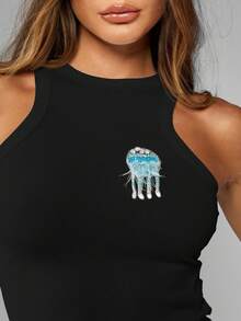 MISSGUIDED Ribbed Sleeveless Crop Top High Neck Summer Beach Wear Party Casual Night Club Festival Fitted Tank With Jellyfish Applique Embellishment - Black - View 6