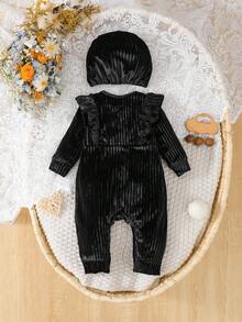 SHEIN 女婴针织罗纹抓绒连体衣 + 时尚帽子，秋冬季 - 黑色 - 查看 2