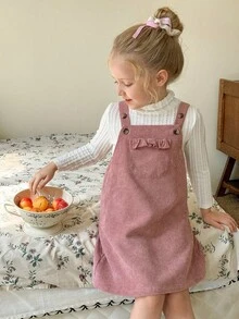 LMoss Kids 2pcs/Set Young Girl Solid Color Knit Stand Collar T-Shirt And Woven Suspender Dress - Multicolor - View 1