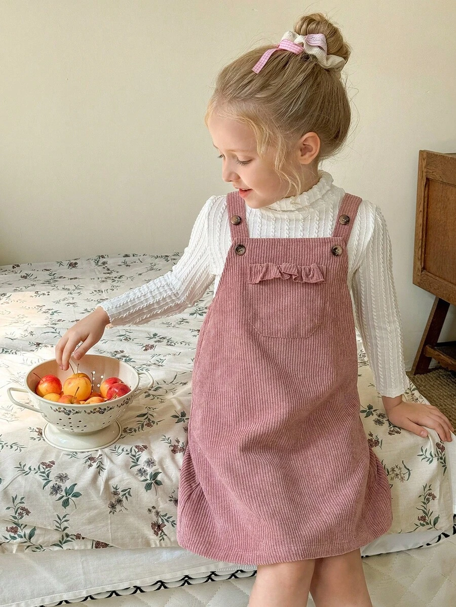 LMoss Kids 2pcs/Set Young Girl Solid Color Knit Stand Collar T-Shirt And Woven Suspender Dress - Multicolor - View 1