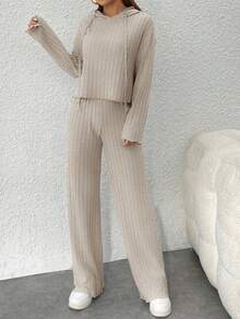 SHEIN PETITE 落肩抽绳连帽衫和春季女式裤子 - 杏色 - 查看 6