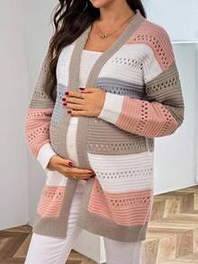 SHEIN Maternity Striped Contrast Color Loose Mesh Casual Cardigan - Multicolor - View 3