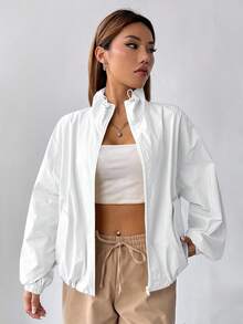 SHEIN EZwear Áo khoác nữ tay dài dệt cổ đứng màu trơn có khóa kéo Áo khoác nhẹ có khóa kéo Áo khoác Y2K cho mùa thu/đông - trắng - Xem 5