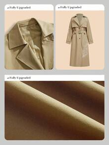 Anewsta 女士长款优雅腰部刺绣风衣，卡其色，秋冬 - 卡其色 - 查看 3