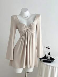 Elamini 女式休闲百搭新款扭结V领长袖紧身连衣裙，秋季 - 杏色 - 查看 6