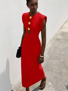 Aveloria Modichic Đầm dài ôm sát vai có đệm kim loại rỗng trang trí thanh lịch dành cho nữ, mùa hè - Đỏ - Xem 5