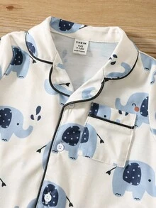 SHEIN 2 件套男婴卡通大象印花翻领长袖口袋衬衫和直筒裤针织舒适宽松睡衣套装 - 白色 - 查看 6