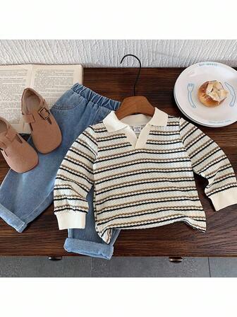 2pcs Baby Boy Knitted Striped Casual Sweatshirt And Pants Set