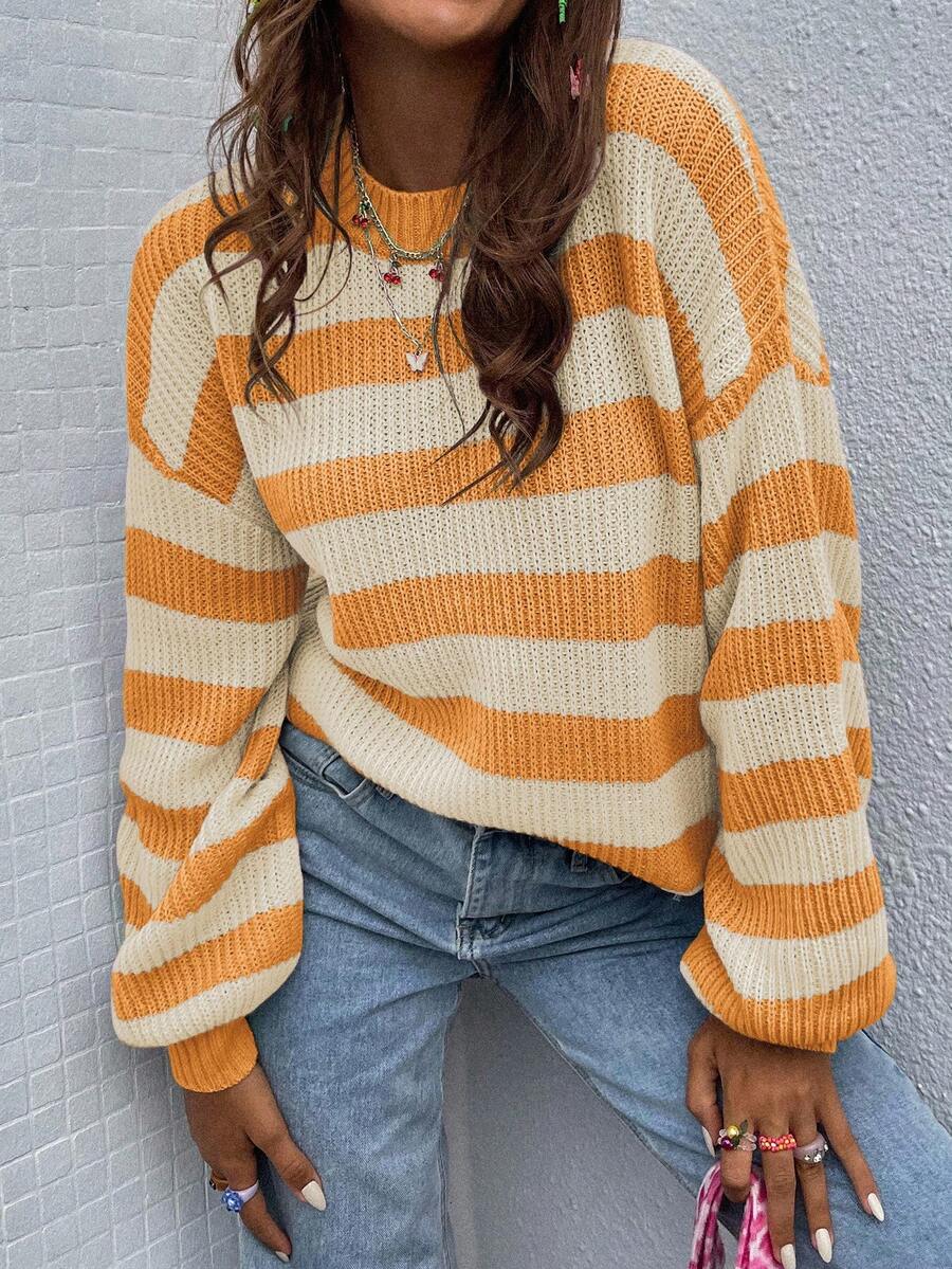 EMERY ROSE Women Casual Striped Pullover Sweater Multicolor Rib Knit Round Neck Drop Shoulder Long Sleeve Regular Length Sweater For Women Pullover For Women Orange Sweater Yellow Sweater - Multicolor - View 1