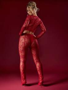 MISSGUIDED 奢华蕾丝长袖两件套露脐上衣高腰裤节日派对晚宴假日俱乐部场合秋冬季特殊场合 - 紫羅蘭色 - 查看 2