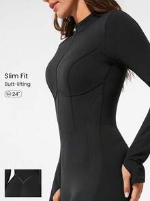 GLOWMODE 24 英寸 FeatherFit™-Air Glow Giver 柔软透气吸汗前拉链罗纹侧板轮廓接缝拇指孔深 V 形后背接缝可拆卸罩杯长袖连体衣低冲击日常运动服 - 黑色 - 查看 1