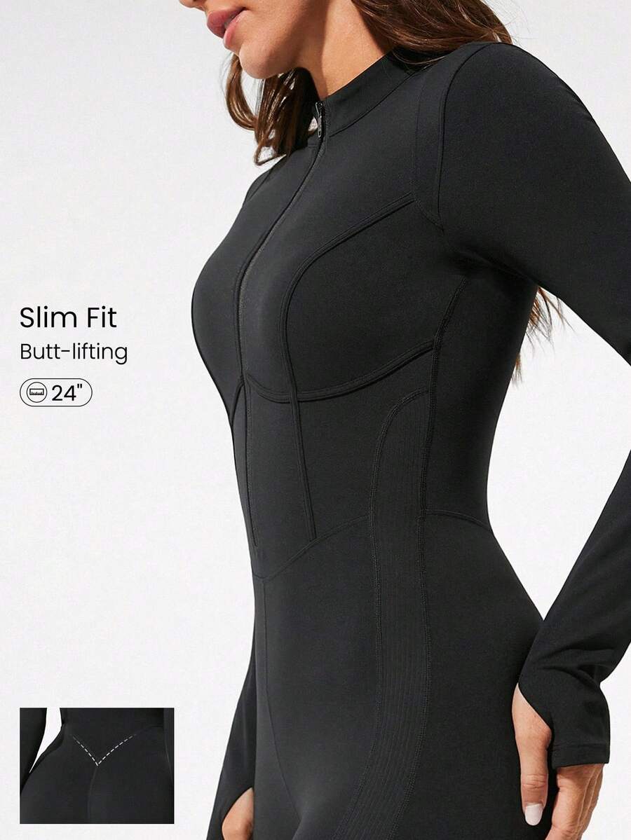 GLOWMODE 24 英寸 FeatherFit™-Air Glow Giver 柔软透气吸汗前拉链罗纹侧板轮廓接缝拇指孔深 V 形后背接缝可拆卸罩杯长袖连体衣低冲击日常运动服 - 黑色 - 查看 1