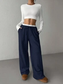 SHEIN EZwear 女款海军蓝拼接腰带休闲阔腿裤 - 藏蓝色 - 查看 6