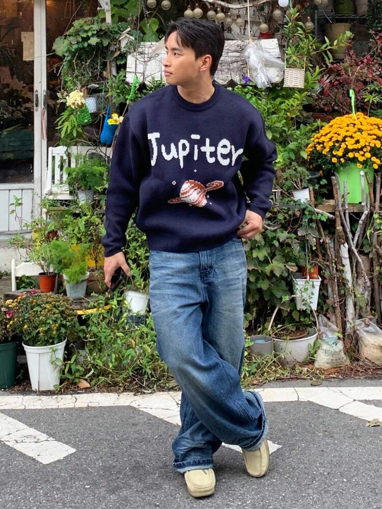 Men's Minimalist Loose Fit Planet & Text Print Long Sleeve Pullover Sweater