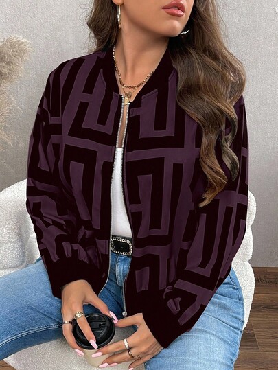 EMERY ROSE جاكيت بيسبول مطبوع بالكامل للنساء ذوات الحجم الكبير، موضة كاجوال شارع