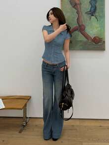 DAZY Camisa de mujer de manga corta ajustada de unicolor con cuello - Neblina azul - Ver 4