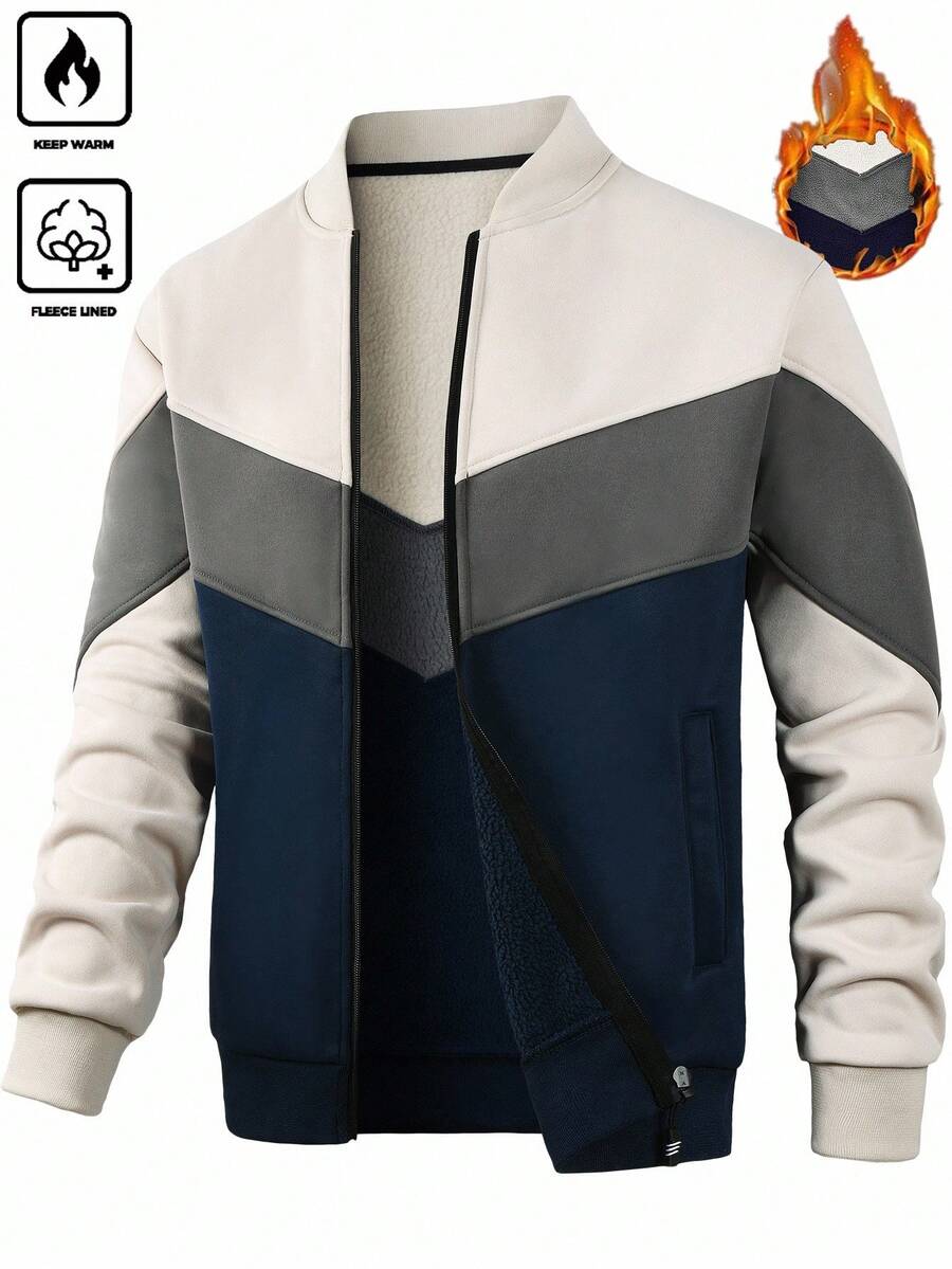 Manfinity Homme 男士秋冬开襟羊毛拼接夹克，带保暖内衬和立领，冬季外套，男士拉链夹克，男士保暖夹克，男士街头风夹克，男士飞行员夹克 - 彩色 - 查看 1