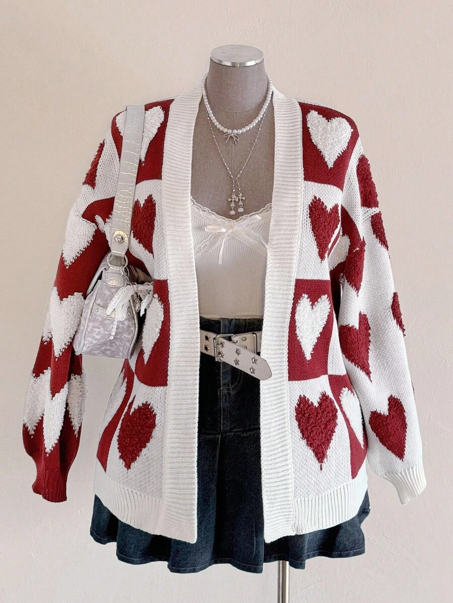Sunspun Áo khoác cardigan dệt kim họa tiết trái tim thoải mái, đa năng, dáng rộng, thời trang thu đông cho nữ - Đỏ và trắng - Xem 1