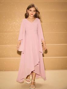Tween Girls' Chiffon V-Neck Flare Sleeve Asymmetrical Hem Mid-Length Dress, Suitable For Flower Girl, Wedding, Prom, Birthday Party, Christmas, Halloween, Back To School, Graduation - Pink - View 5