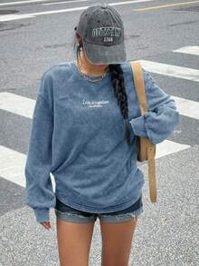 SHEIN EZwear Plus Size Acid Washed Look Vintage Knitted Distressed Loose Fit Long Sleeve T-Shirt Blue Sweatshirt/Fall/Winter - Baby Blue - View 5
